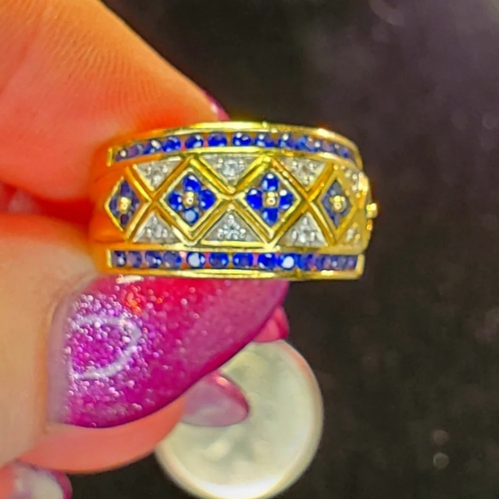 0224. Designed by SUN Jewelry 🌞 Lab Sapphires and Crystals 💍 w/14k Gold Finish - Picture 3 of 8